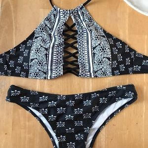Patterned boho halter swim set